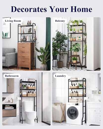 Kitsure Over Toilet Storage Rack - Metal Over Toilet Bathroom Organizer Shelf, Over the Toilet Storage Cabinet with Paper Holder and Hooks, Bathroom Cabinet for Laundry, Black, 3 Tiers (63.2" H)