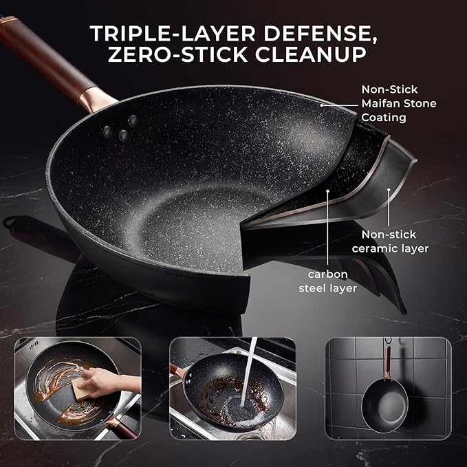 13.07-Inch Carbon Steel Wok Pan with Lid: Woks & Stir-Fry Pans Nonstick with Steamer for Cooking Pan Set, Large Deep Chinese Frying Saute Pan Wok Skillet, Induction Compatible, Stay-Cool Handle, Gifts