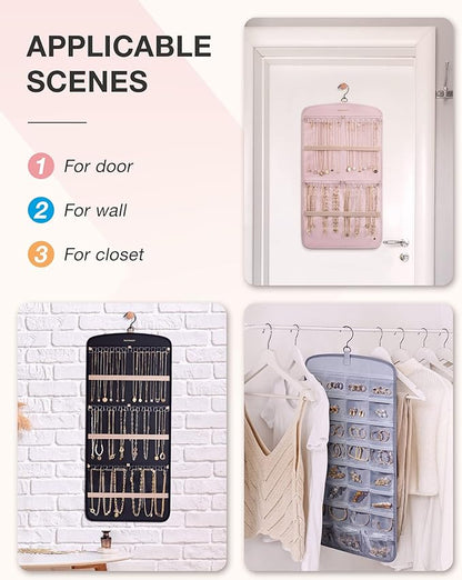 BAGSMART Hanging Jewelry Organizer, Necklace Holder Anti-tangle Earrings Rings Hanger with 20 Jewelry Bags Travel Storage Roll with Pockets Hang on Closet, Wall, Door,1 Piece, Large Grey