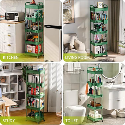 Sorgion 5 Tier Rolling Cart Organizer,Bathroom Cart Organizers with Wheels Laundry Room Organization Mobile Shelving Unit Utility Cart Storage Shelves Multi-Functional for Office, Home(Green)