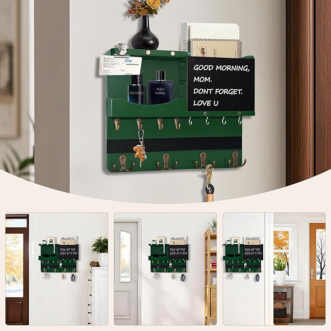 Key Holder for Wall Mount with Shelf and Mail Organizer, Key and Mail Holder with 16 Hooks, Farmhouse Entryway Organizer, Home Decor Rack (Pine Wood,Green)