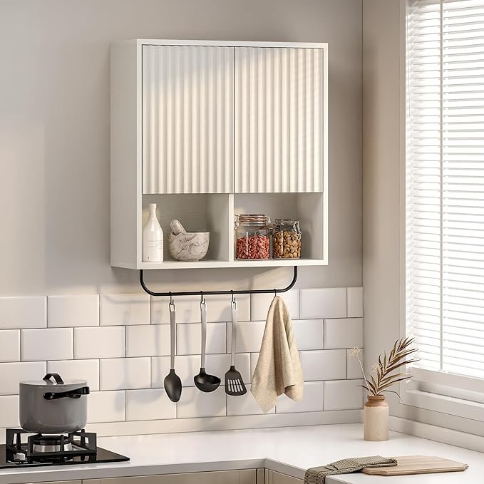 Fluted Wall Cabinet, Modern Medicine Cabinet Bathroom with Doors and Adjustable Shelf Towel Rack Wood Storage Cabinet for Kitchen Dining Room Living Room, White