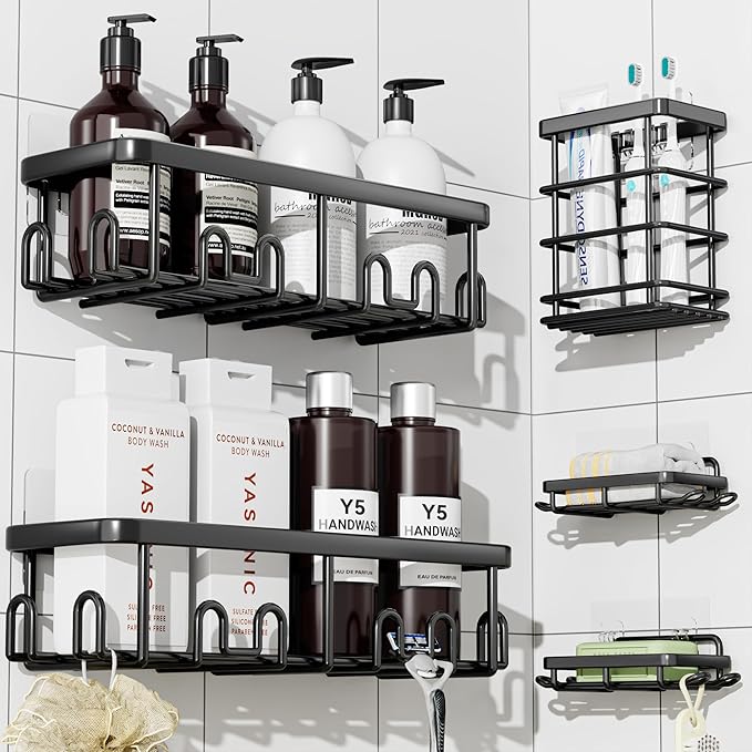 YASONIC Shower Caddy Organizer 5-Pack Bathroom Shelves for Inside Shower Racks, Soap Dish Toothbrush Holder &Hooks Home Decor, No Drilling Wall Mount Storage for Bath/Kitchen