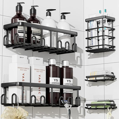 YASONIC Shower Caddy Organizer 5-Pack Bathroom Shelves for Inside Shower Racks, Soap Dish Toothbrush Holder &Hooks Home Decor, No Drilling Wall Mount Storage for Bath/Kitchen