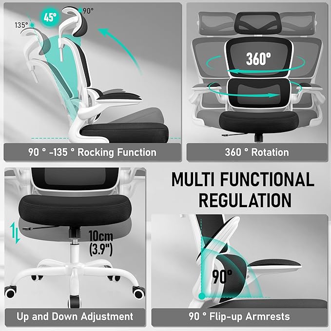 High Back Ergonomic Office Chair, Breathable Mesh Desk Chair with Lumbar Support, Adjustable Headrest, Flip-up Armrests, Computer Gaming Chair, (White, 1Pack)