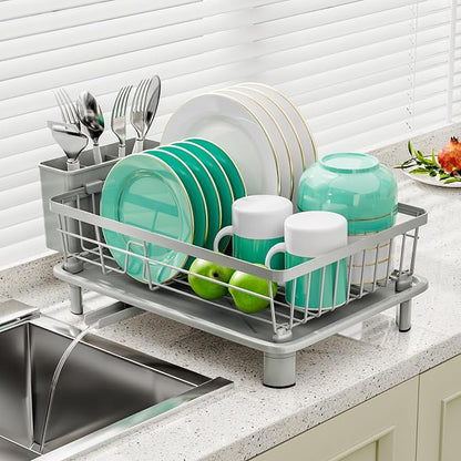 GAOKASE Dish Drying Rack, Stainless Steel-Dish Rack, Dish Racks for Kitchen Counter, Kitchen Dish Drainers with Removable Utensil Holder,New Drain Outlet,Plate Rack and Drainboard,(gray-11 W x 15" L)