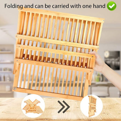 Bamboo Dish Drying Rack with Utensil Holder Set,3-Tier Collapsible Wood Dish Drying Rack for Kitchen,Folding Bamboo Drying Rack with Utensils Flatware Holder,Space-Saving Storage