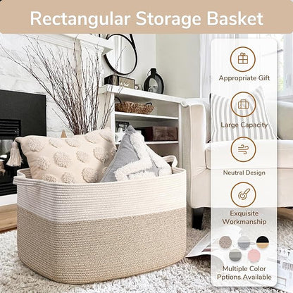 Goodpick Large Woven Blanket Basket 23.6" x 15.7" x 13.8" Cotton Rope Storage Organizer for Dirty Clothes Pillows, Soft Toy Storage Basket for Nursery Home Decor, White & Light Brown