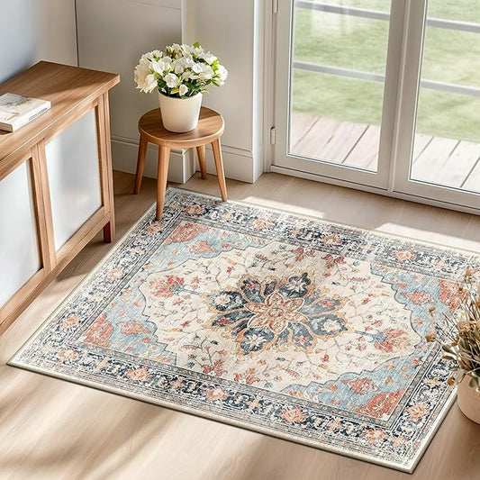 RELEANY Area Rugs Small 2'x3' Washable Non-Slip, Floral Vintage Distress Medallion Carpet for Kitchen Entryway Bathroom, Beige Navy Blue Orange Colorful