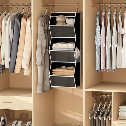 Hanging Closet Organizer 3 Shelf Collapsible Bedroom Closet Organizers and Storage Hanging with Mesh Pocket for Clothes, Closet Hanging Organizers and Storage for Fabric Wardrobe Space Saver, Black