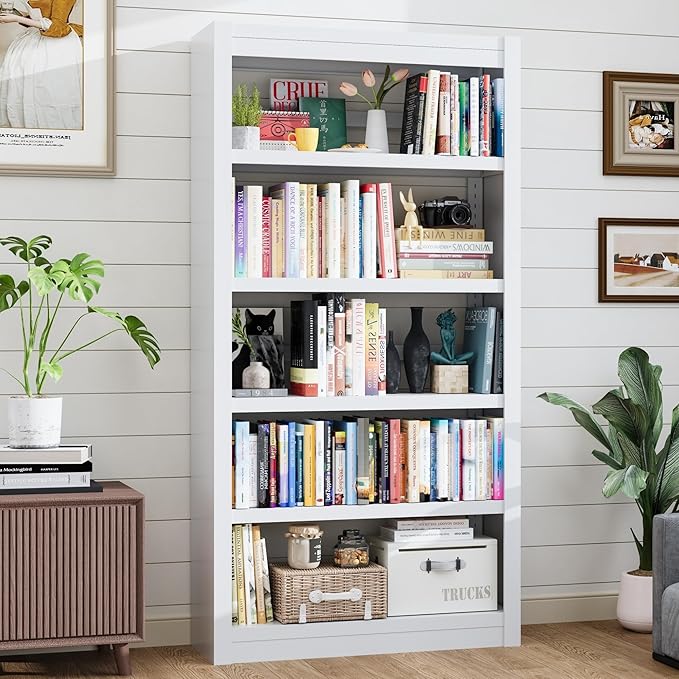 5-Tier Metal Bookshelf, 61" Tall White Bookcase with Adjustable Shelves, Heavy Duty Deep Book Shelves, Display Storage Shelving for Living Room, Home Office, Library, Bedroom