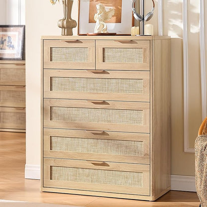 LEYAOYAO Rattan Dresser for Bedroom Set of 2, 41" Tall Chest of Drawers, Modern 6 Drawers Boho Dressers with Storage, Light Oak Dresser Wooden Closet Organizer for Living Room, Hallway, Natural Wood