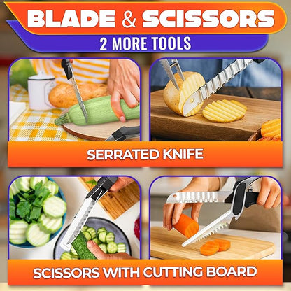 6-in-1 Cutting Board Scissors - Stainless Steel Kitchen Tool with Ribbed Blade, Automatic Spring & Safety Lock - Slice Meat, Fish, Bread, Veggies & Fruit on the Spot - Dishwasher Safe Cheese Scissors