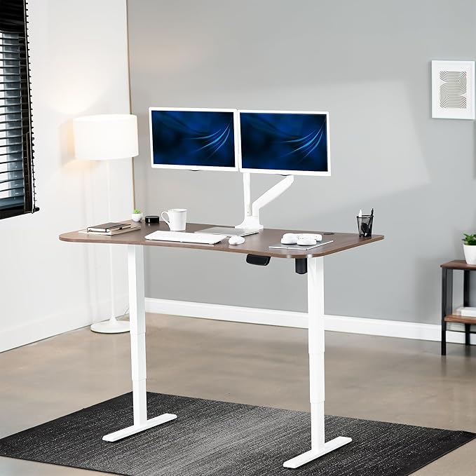 VIVO Electric 63 x 32 in Standing Desk, Memory Height Adjustment, 176 lb Frame Support, 2E Series, Dark Walnut Top White Frame, DESK-KIT-2EWD