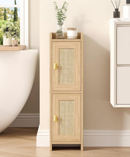 Akxomel Rattan Small Bathroom Cabinet with 2 Doors, 7.9''D x 7.9''W Narrow Toilet Paper Storage Cabinet, Bathroom Organizer for Small Spaces, Wooden Slim Corner Unit with Adjustable Shelf, Natural Oak