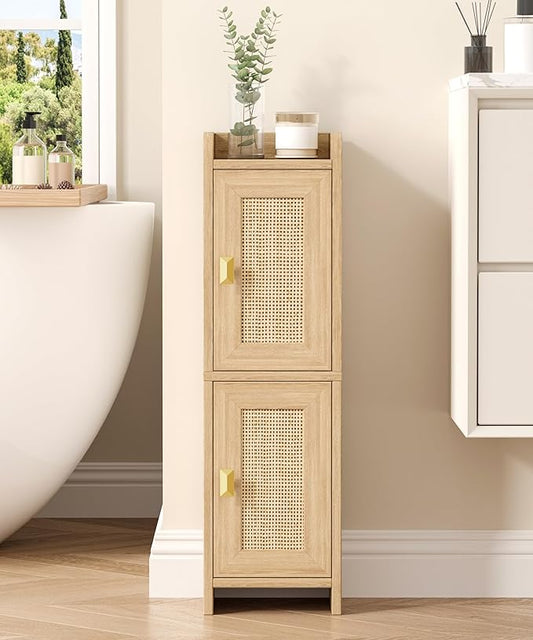 Akxomel Rattan Small Bathroom Cabinet with 2 Doors, 7.9''D x 7.9''W Narrow Toilet Paper Storage Cabinet, Bathroom Organizer for Small Spaces, Wooden Slim Corner Unit with Adjustable Shelf, Natural Oak