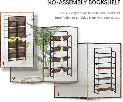 4NM No Assembly Folding Bookshelf, 4-Shelf 54" H Collapsible Foldable Bookcase Storage for Small Spaces, Rustic Brown and Black