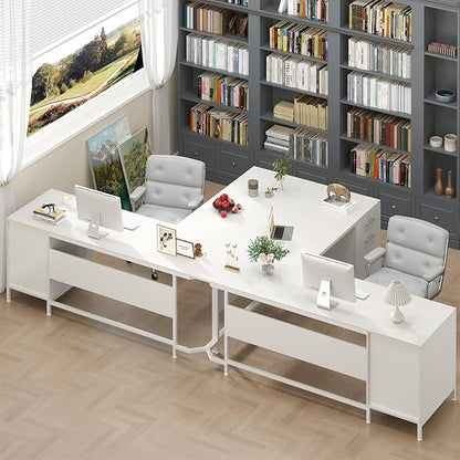 TVU 59’’ L Shaped Desk with 6 Wooden Drawers, Large Home Office Corner Computer Desk with Storage File Cabinet, Modern Metal Wood Desk for Executive Writing Study Workstation, White