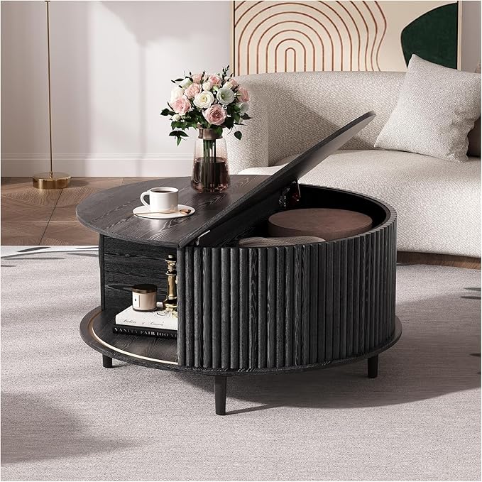 SULIVES Round Coffee Table with Storage,Mid Century Modern Coffee Table with Sliding Door,Fluted Center Table with Solid Wood Legs,Small Coffee Table for Living Room,Black