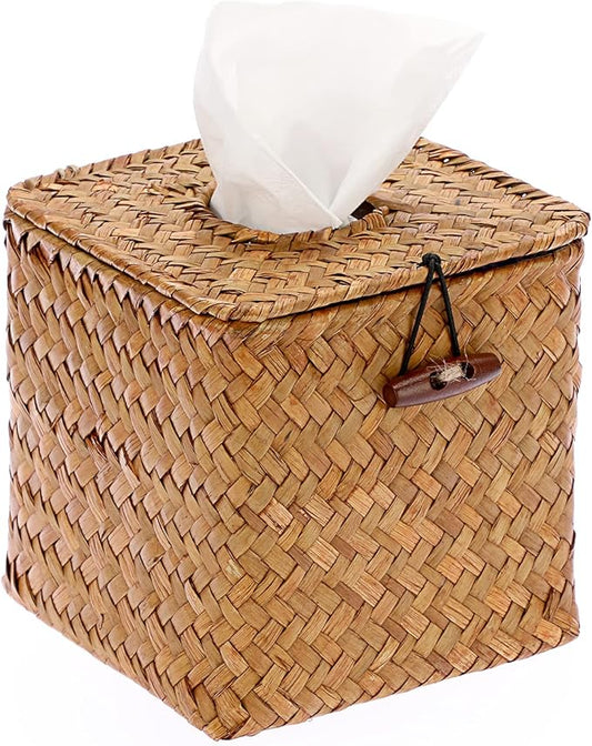 Sumnacon Tissue Box Cover Square Seagrass Tissue Box with Lid, Woven Tissue Box Holder Rustic Cube Tissue Cover for Bathroom Toilet Bedroom Living Room Kitchen Table Desk Office Car, Caramel