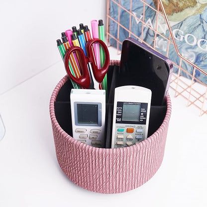 Hennaja Round Leather Art Supply Organizer,Remote Control Holder,360 Degree Spinning,Multi-Functional Pencil Holder,4 Compartments Desktop Stationary Organizer(1-Wood Pink)