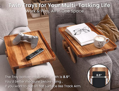 2 Pack Acacia Wood Couch Arm Tray,Couch Tray,Folding Sofa Armrest Trays,Couch Arm Table Clip-On Couch Desk for Drinks,Snacks,Phone,Remote Control