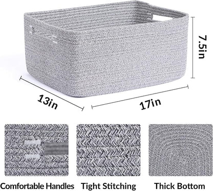MiniArk Large Storage Baskets for Shelves, Closet Organizers Bins for Clothes Blanket Towels, Baby Nursery, Toy Baskets Box, Woven Rope Baskets, 17 x 13 x 7.5”, 3 Packs Mixed Grey