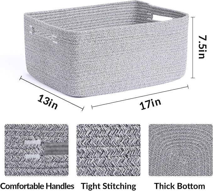MiniArk Large Storage Baskets for Shelves, Closet Organizers Bins for Clothes Blanket Towels, Baby Nursery, Toy Baskets Box, Woven Rope Baskets, 17 x 13 x 7.5”, 2 Packs Mixed Grey
