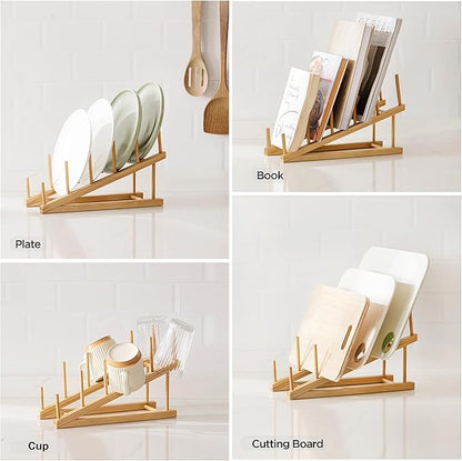 HBlife Bamboo Wooden Dish Drying Rack, 2 PCS Plate/Dish/Book/File/Bowl/Cup/Cutting Board/Pot Lid Organizer for Kitchen Counter, Office, Display Cabinet