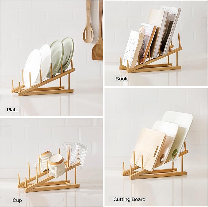 HBlife Bamboo Wooden Dish Drying Rack, 4 PCS Plate/Dish/Book/File/Bowl/Cup/Cutting Board/Pot Lid Organizer for Kitchen Counter, Office, Display Cabinet