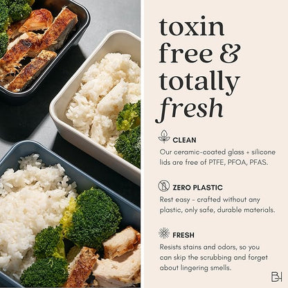 BRIVARA HOME Ceramic Coated Glass Food Storage Container | No PTFE, PFOA, PFAS, and BPA | Reusable Non Toxic Meal Prep Container with Glass Lid | Easy To Store | 3 Cup Rectangle [Pine]