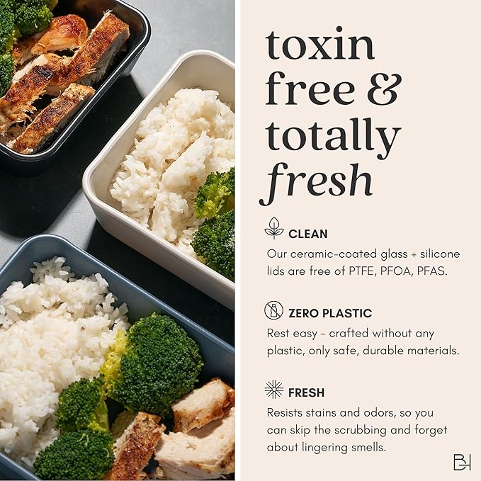 BRIVARA HOME Ceramic Coated Glass Food Storage Container | No PTFE, PFOA, PFAS, and BPA | Reusable Non Toxic Meal Prep Container with Glass Lid | Easy To Store | 11 Cup Rectangle [Pine]