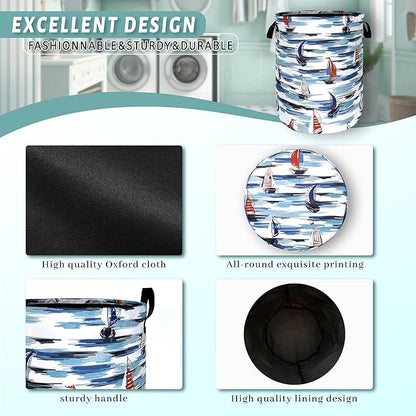 Nautical Laundry Basket Foldable Blue Seafaring Theme Print Laundry Hamper Oxford Cloth Funny Tote Bag Clothes Toy Storage Bucket For Bathroom/Laundry Storage/Bedroom 18.9 x 16.5 Inch