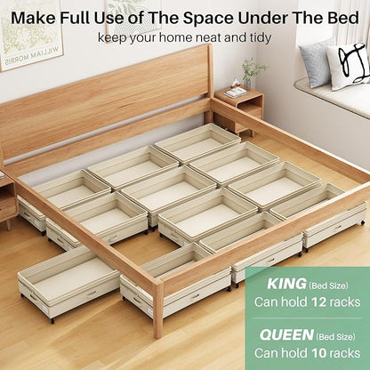 Kitstorack 4 Pack Height-adjustable Under Bed Storage with Wheels, Under Bed Storage Containers,Under Bed Shoe Storage Organizer with Clear Window&Label, Suitable for Clothes Storage, Beige