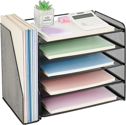 OPNICE Desk Organizers and Accessories, 5-Tier Paper Organizer Letter Tray with Magazine Holder, Office Desk Accessories & Workspace Organizers, Desktop File Organizer for Office Supplies, Black