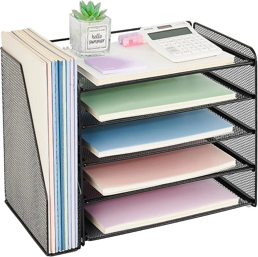 OPNICE Desk Organizers and Accessories, 5-Tier Paper Organizer Letter Tray with Magazine Holder, Office Desk Accessories & Workspace Organizers, Desktop File Organizer for Office Supplies, Black