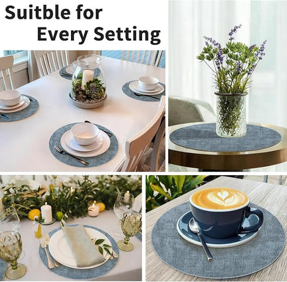 Maxpearl Round Placemats Set of 6, 13.8 inch Faux Leather Heat Resistant Table Mats, Non Slip Waterproof Wipeable Place Mats for Kitchen Dining Holiday Party Table Settings, Blue