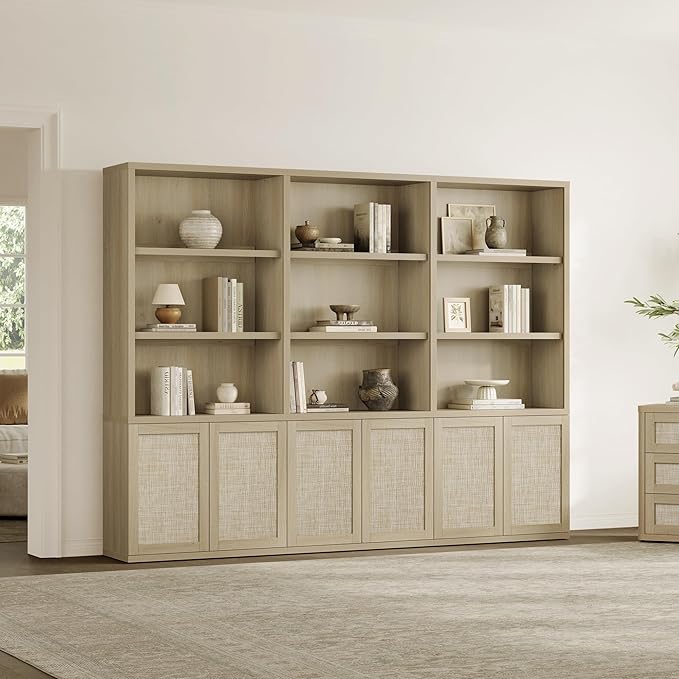 SICOTAS 70.5" Tall Bookshelf - 5-Tier Rattan Bookcase with Storage Cabinet Large Farmhouse Book Shelves with Doors, Boho Bookshelves for Living Room Home Office Library(Sand Oak, 3 Pieces)