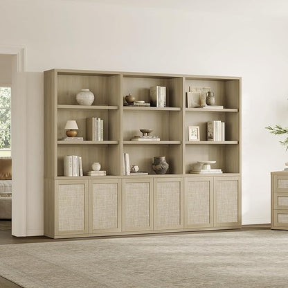 SICOTAS 70.5" Tall Bookshelf - 5-Tier Rattan Bookcase with Storage Cabinet Large Farmhouse Book Shelves with Doors, Boho Bookshelves for Living Room Home Office Library(Sand Oak, 3 Pieces)