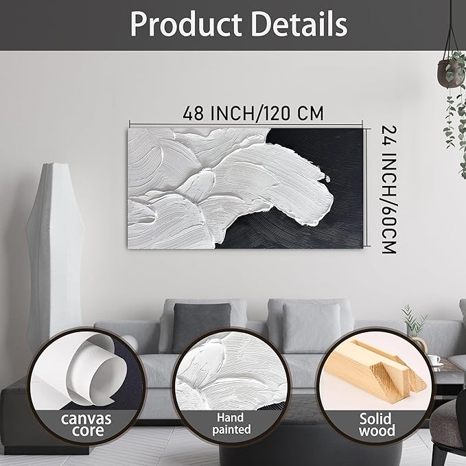 Tarfupth Black and White Abstract Wall Art for Living Room Hand-Painted Large Abstract Wave Oil Paintings Artwork for Bedroom Office Home Decor 24x48 Inch