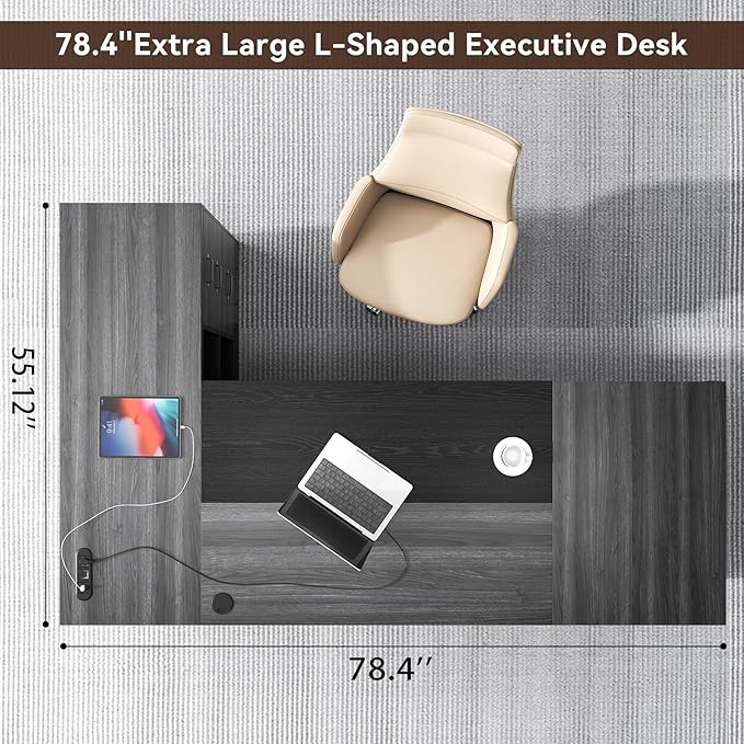 78 Inch L Shape Executive Desk, Large Modern Home Office Desk with Drawer and Cord Hold Management, Wooden Business Furniture for CEO Boss Manager, Black Gray