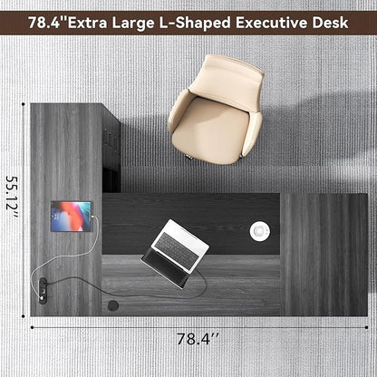 78 Inch L Shape Executive Desk, Large Modern Home Office Desk with Drawer and Cord Hold Management, Wooden Business Furniture for CEO Boss Manager, Black Gray