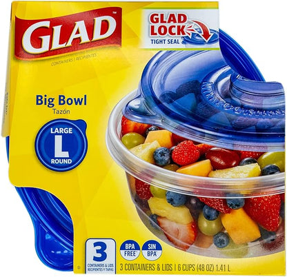Glad GladWare Big Bowl Food Storage Containers with Lids, Large Round BPA Free Plastic Containers for Soups, Salads, and Meal Prep, Lock Tight Seal, Microwave Dishwasher Safe, 48 Oz, 3 Count