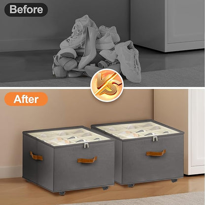 Shoe Organizer for Closet, 2 Pack Shoe Storage Organizer with Wheels and Adjustable Dividers, Stackable Shoe Storage Box with Clear Cover, Closet Shoe Organizer Fits up to 16-32 Pairs, Gray