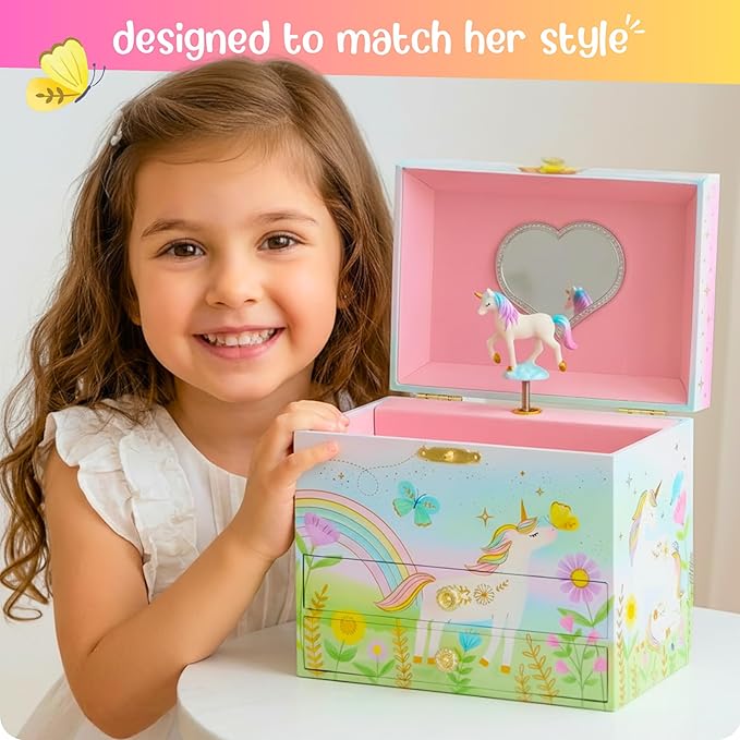 Giggle & Honey Musical Jewelry Box for Girls,Unicorn Toys for Girls 4-6, Easter Gifts for Kids, 6.8 x 5.3 x 6 in