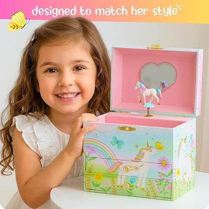Giggle & Honey Musical Jewelry Box for Girls,Unicorn Toys for Girls 4-6, Easter Gifts for Kids, 6.8 x 5.3 x 6 in