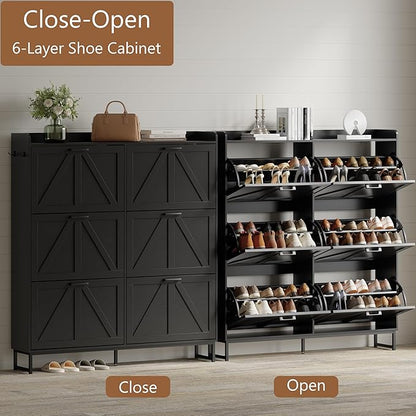 Shoe Cabinet with 6 Flip Drawers, Freestanding Hidden Shoe Storage Organizer for Entryway, Narrow Slim Shoe Rack Cabinet with Open Storage & Hooks for Front Door Entrance, Living Room, Hallway, Black