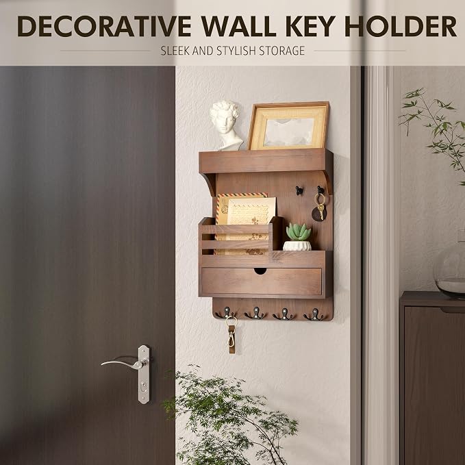 Rebee Vision Farmhouse Key Holder Wall Mount with Drawer Organizer – Pine Wooden Mail and Key Organizer for Wall with 6 Sturdy Hooks & Floating Shelf – Perfect for Retro Living Room Decor (Brown)