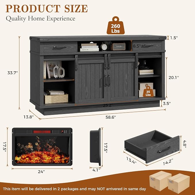 Jocoevol Fireplace TV Stand for TVs up to 65", Electric Fireplace with 3D Flame, Farmhouse LED Light Entertainment Center TV Console with with 2 Drawers, Sliding Barn Door for Living Room - Black