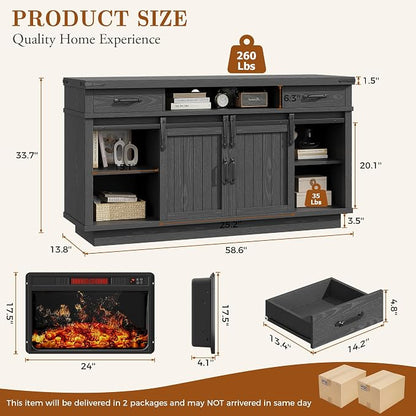 Jocoevol Fireplace TV Stand for TVs up to 65", Electric Fireplace with 3D Flame, Farmhouse LED Light Entertainment Center TV Console with with 2 Drawers, Sliding Barn Door for Living Room - Black